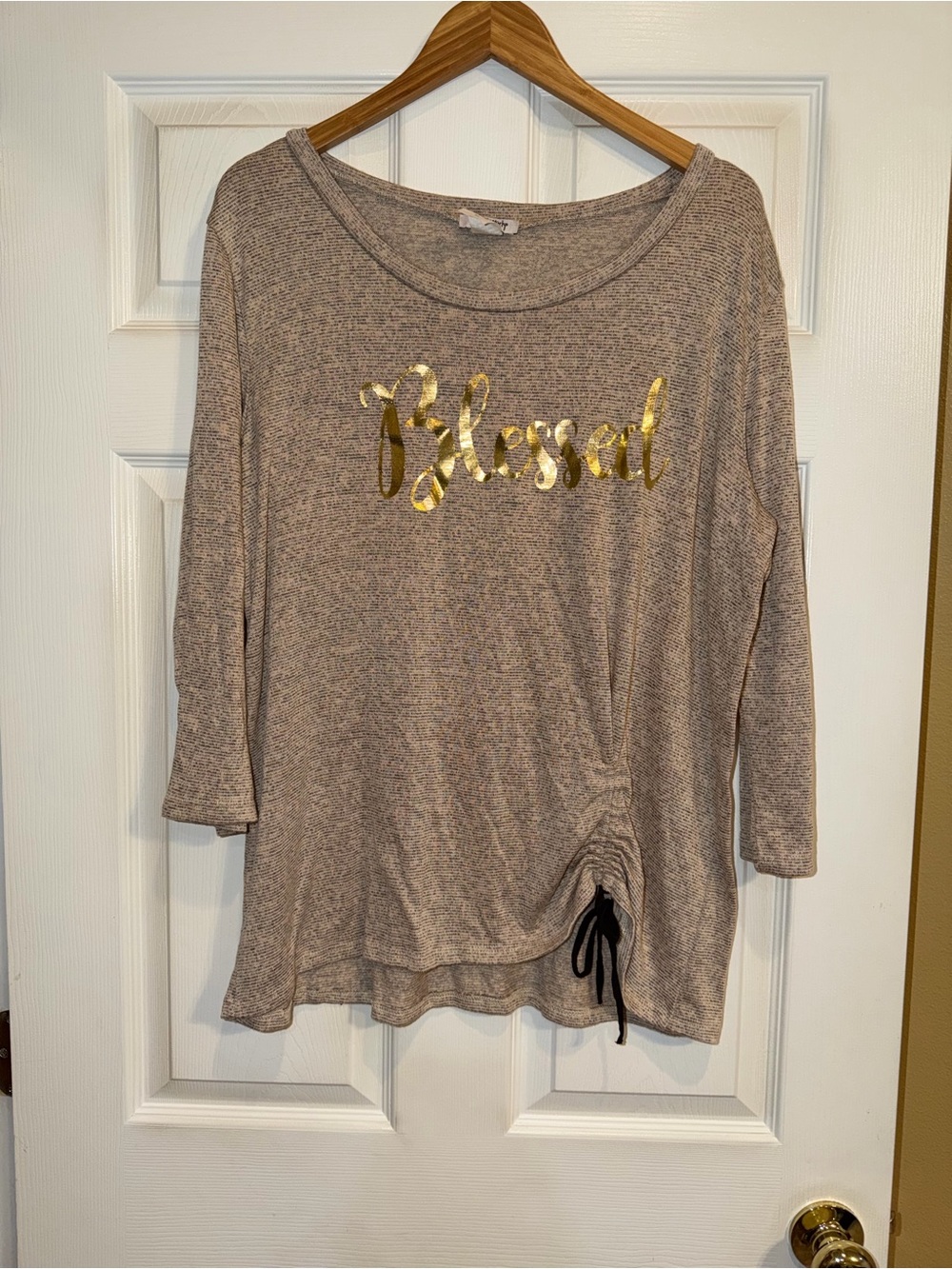 Cozy Neutral Long Sleeve Top with Gold 'Blessed' Script